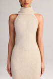 Rib Knit Scarf Detail Halterneck Maxi Dress in Cream
