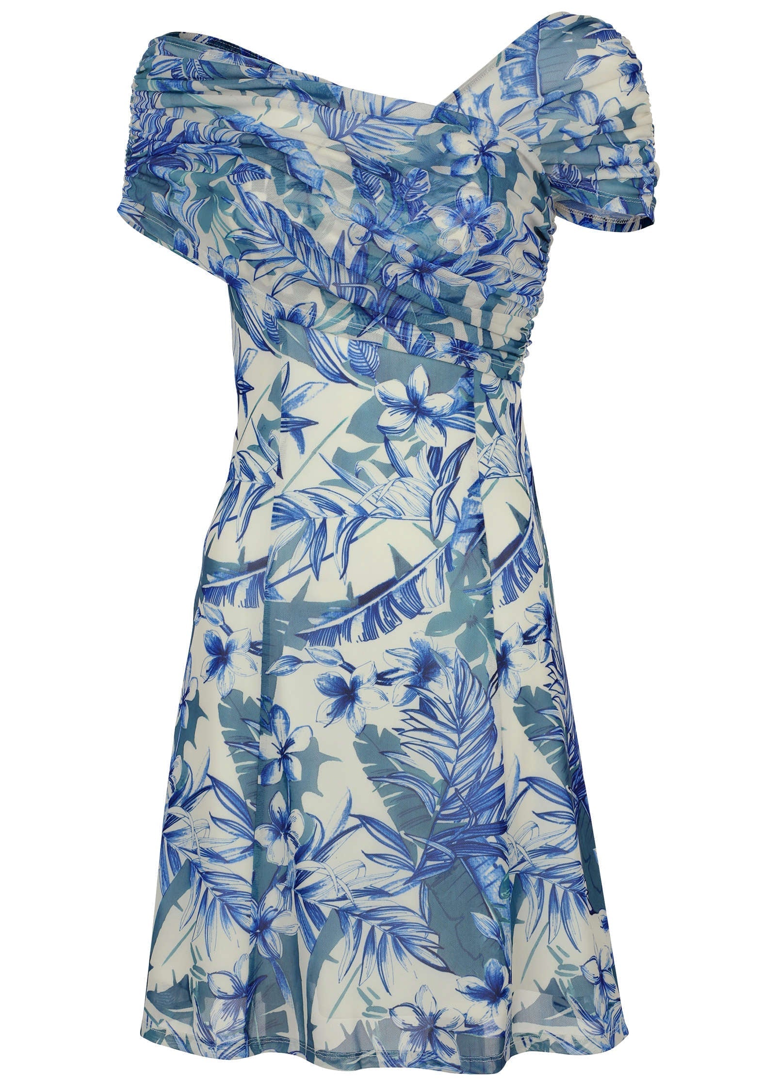 One Shoulder Mesh Mini Denim Floral