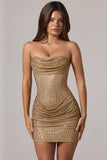 Embellished Bandeau Cowl Waist Mini Dress in Gold