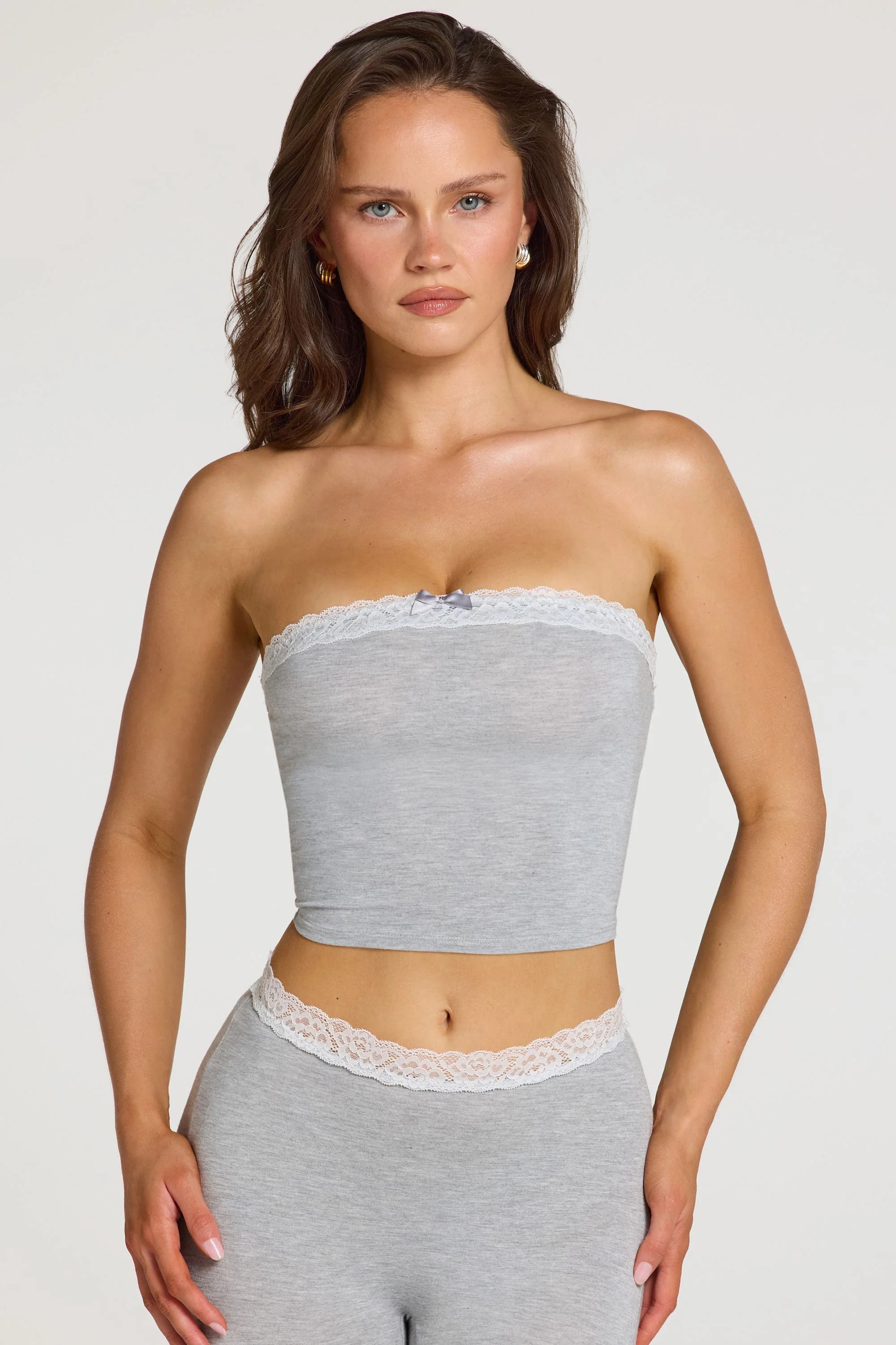 Modal Lace Trim Bandeau Top in Grey Marl