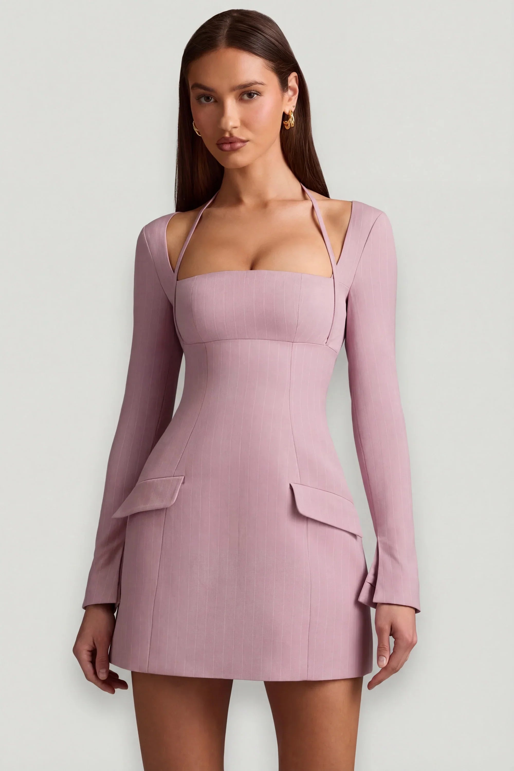 Pinstripe Structured A Line Mini Dress in Mauve