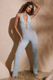 Petite Embellished Plunge Neck Jumpsuit in Aqua