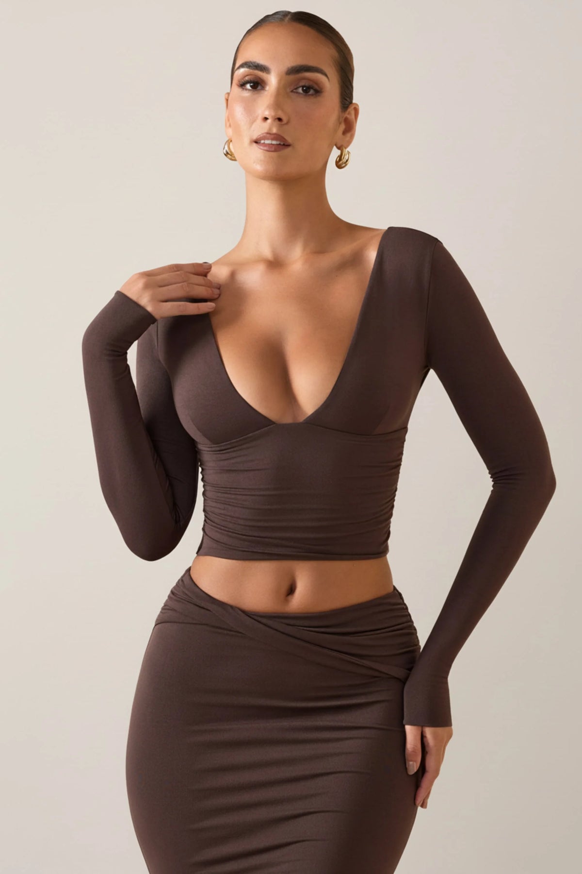 Modal Plunge Long Sleeve Top in Chocolate Brown