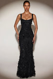Embellished Appliqué Soft Scoop Corset Gown in Black
