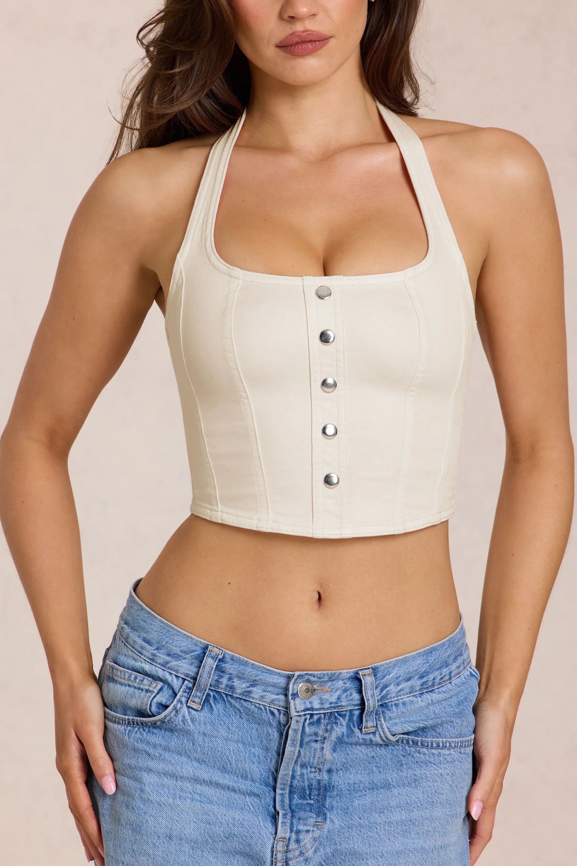 Denim Halterneck Corset Style Top in Ivory