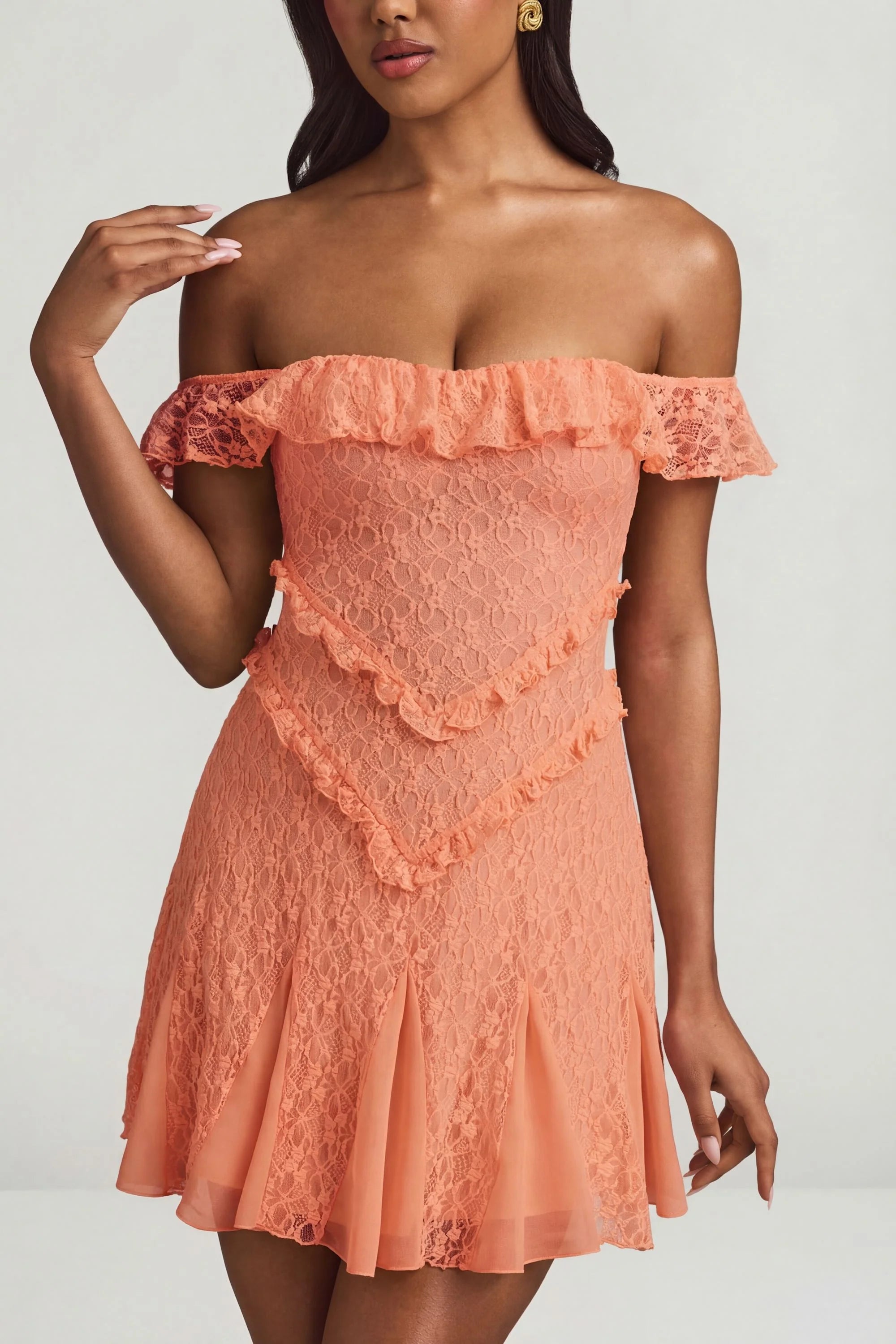Off Shoulder Lace A Line Mini Dress in Peach