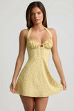 Halterneck A Line Mini Dress in Yellow Flower Print