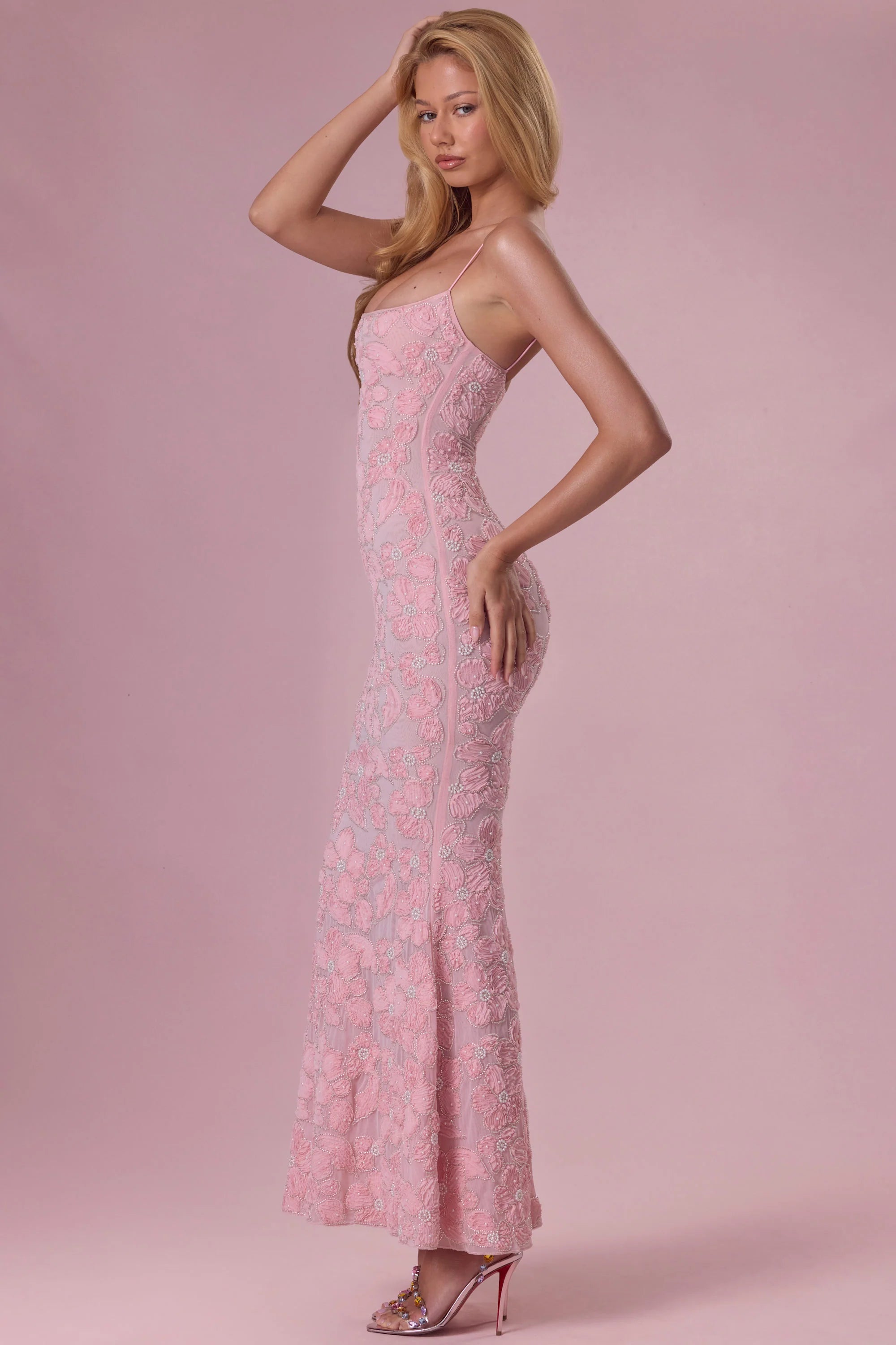 Embellished Square Neck Maxi Dress in Blush