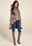 Distressed Faux Suede Scuba Hi Low Jacket Brown Multi