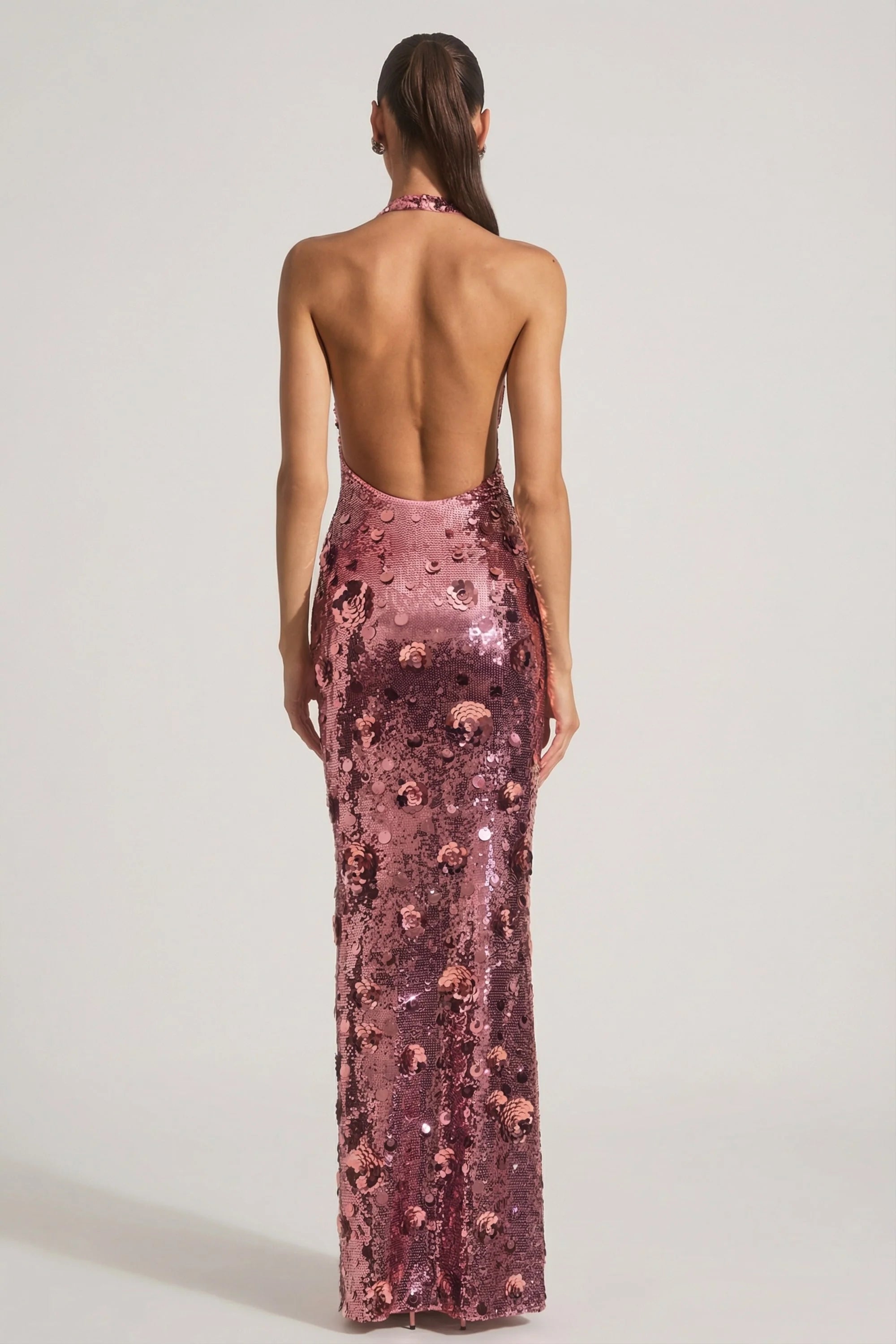 Sequin Embellished Halterneck Maxi Dress in Pink