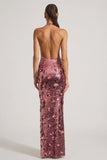 Sequin Embellished Halterneck Maxi Dress in Pink