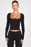 Ribbed Modal Square Neck Long Sleeve Top in Black