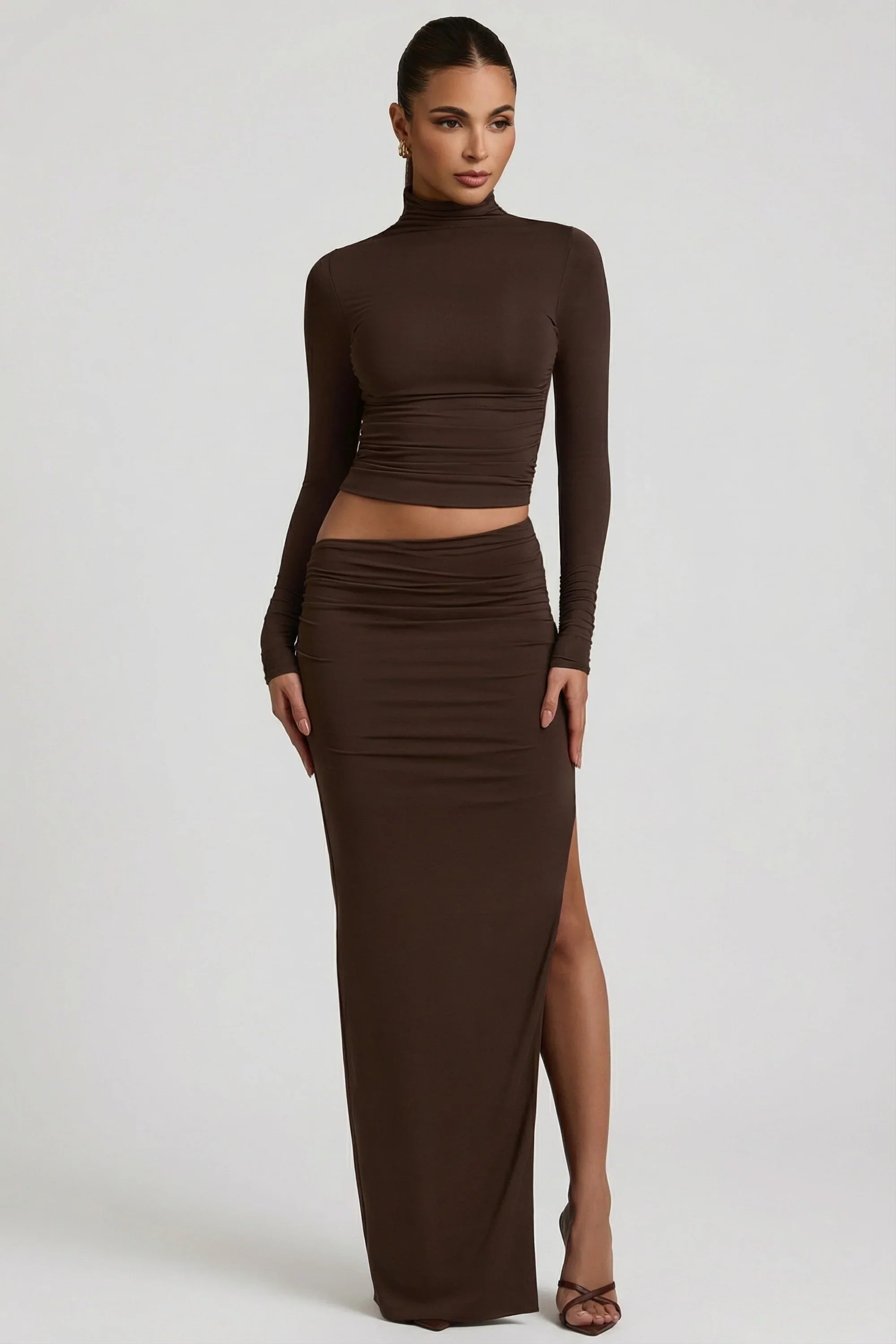 Modal Asymmetric Waist Maxi Skirt in Chocolate Brown