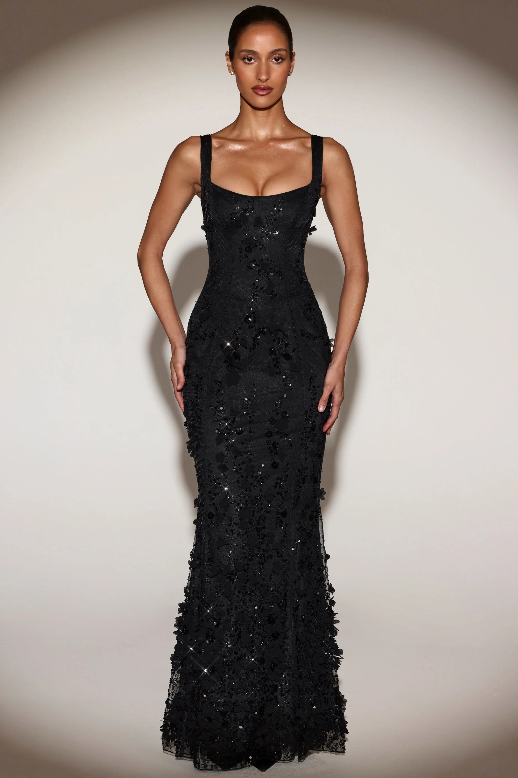 Embellished Appliqué Soft Scoop Corset Gown in Black