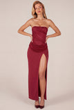 Bandeau Draped Thigh High Maxi Dress in Wine