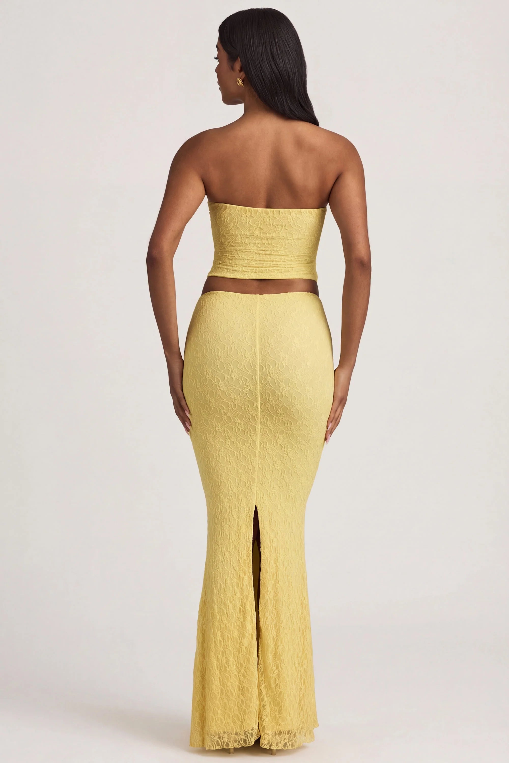 Draped Low Rise Lace Maxi Skirt in Pastel Yellow