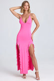 Ruched Ruffle Trim Maxi Dress in Lollipop Pink