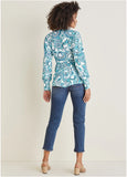 Balloon Sleeve Wrap Front Top Blue Paisley With Border