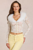 Lace Faux Fur Trim Cardigan in Ivory