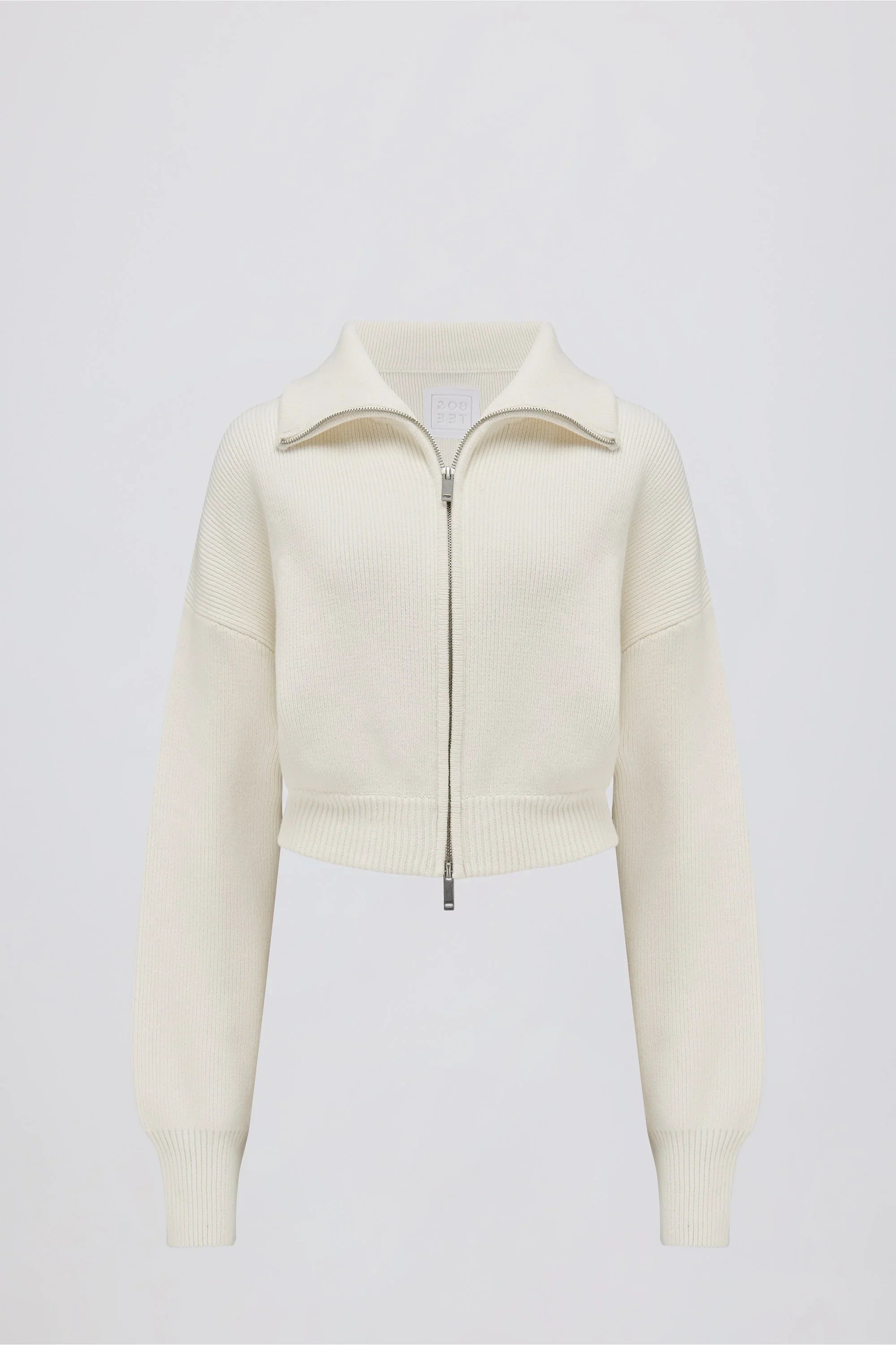 Ribbed Knit Zip Up Cropped Sweatshirt in Ivory