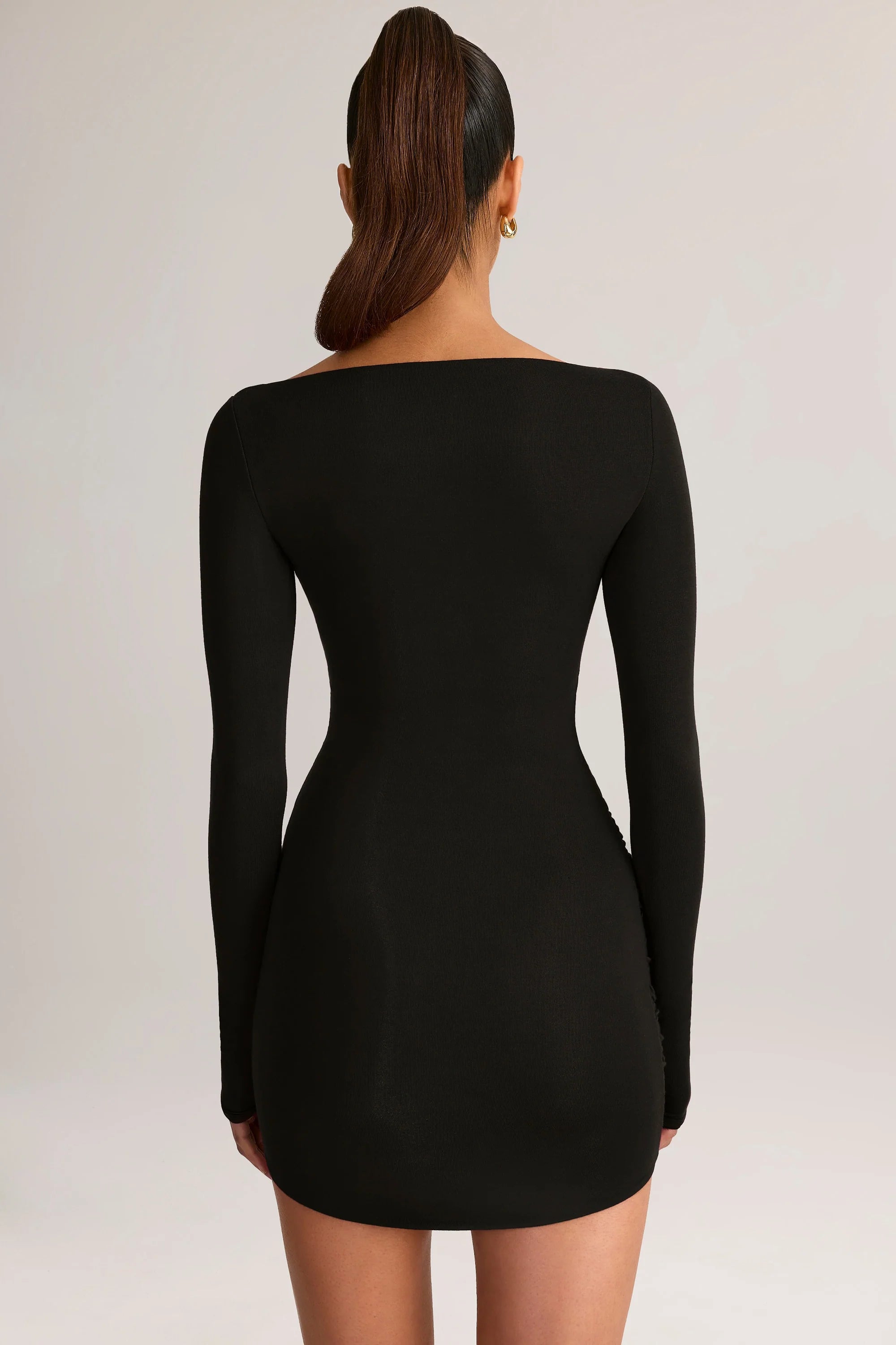 Modal Boat Neck Draped Long Sleeve Mini Dress in Black