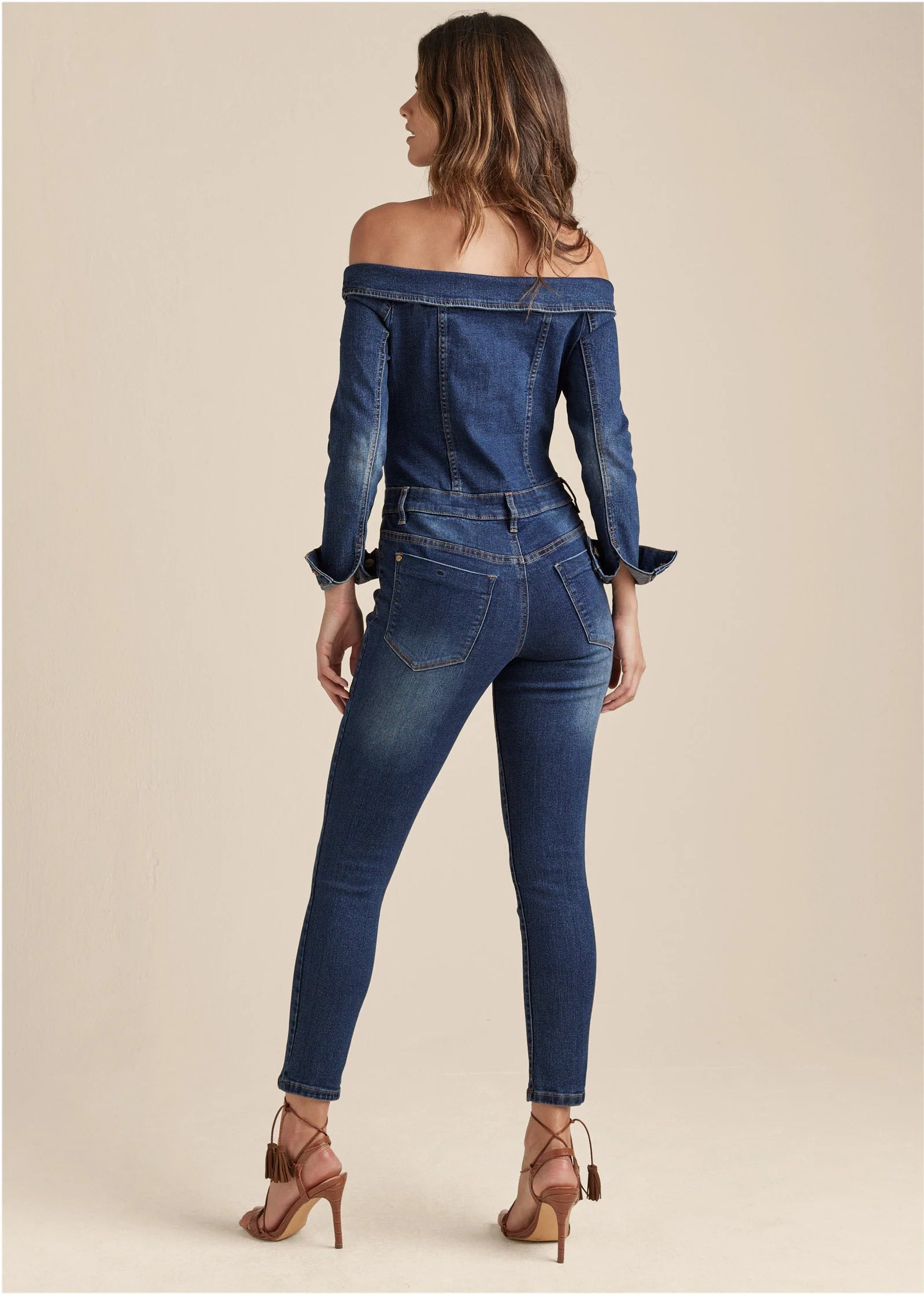 Off The Shoulder Denim Jumpsuit Dark Wash