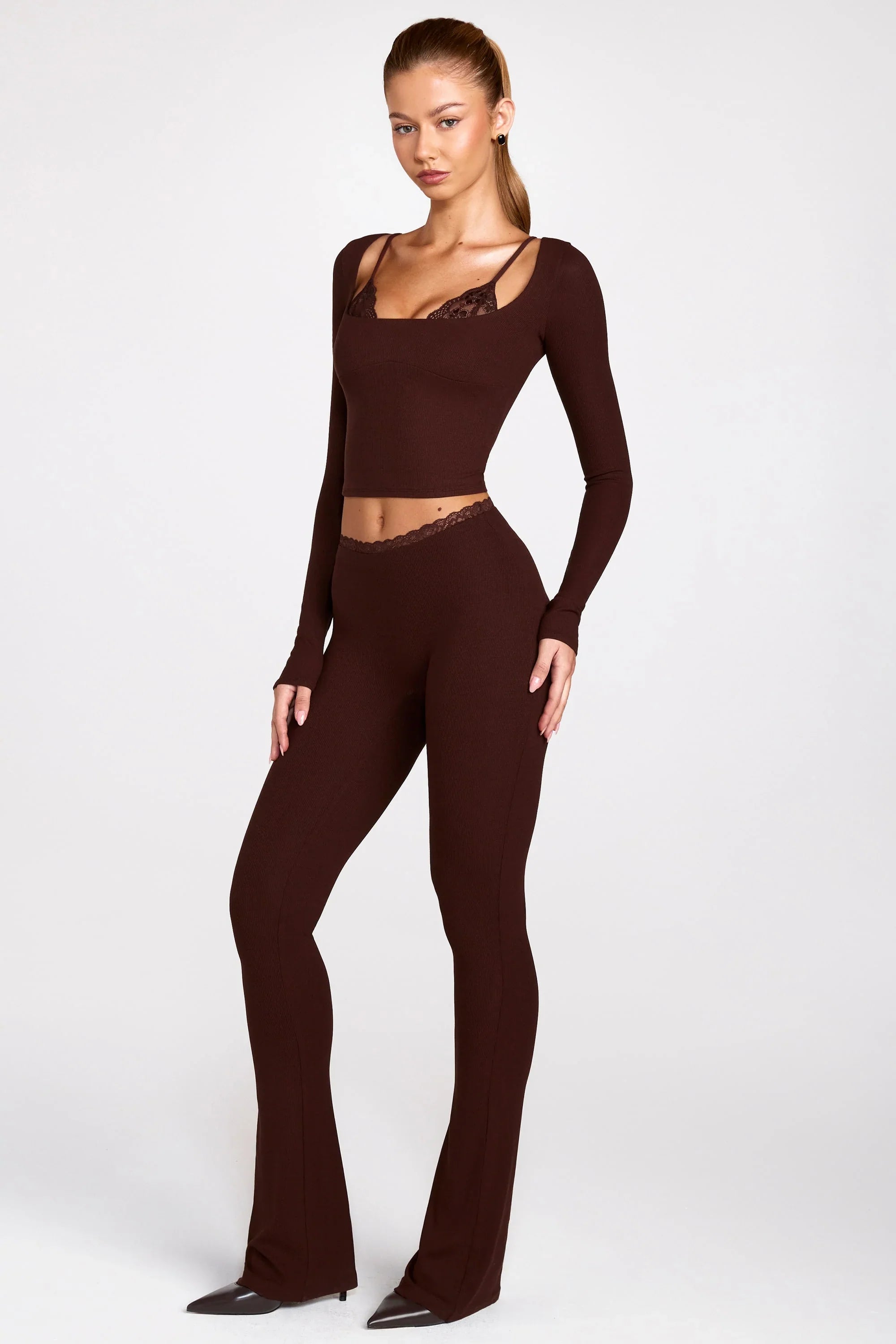 Modal Mid Rise Flared Trousers in Chocolate Brown