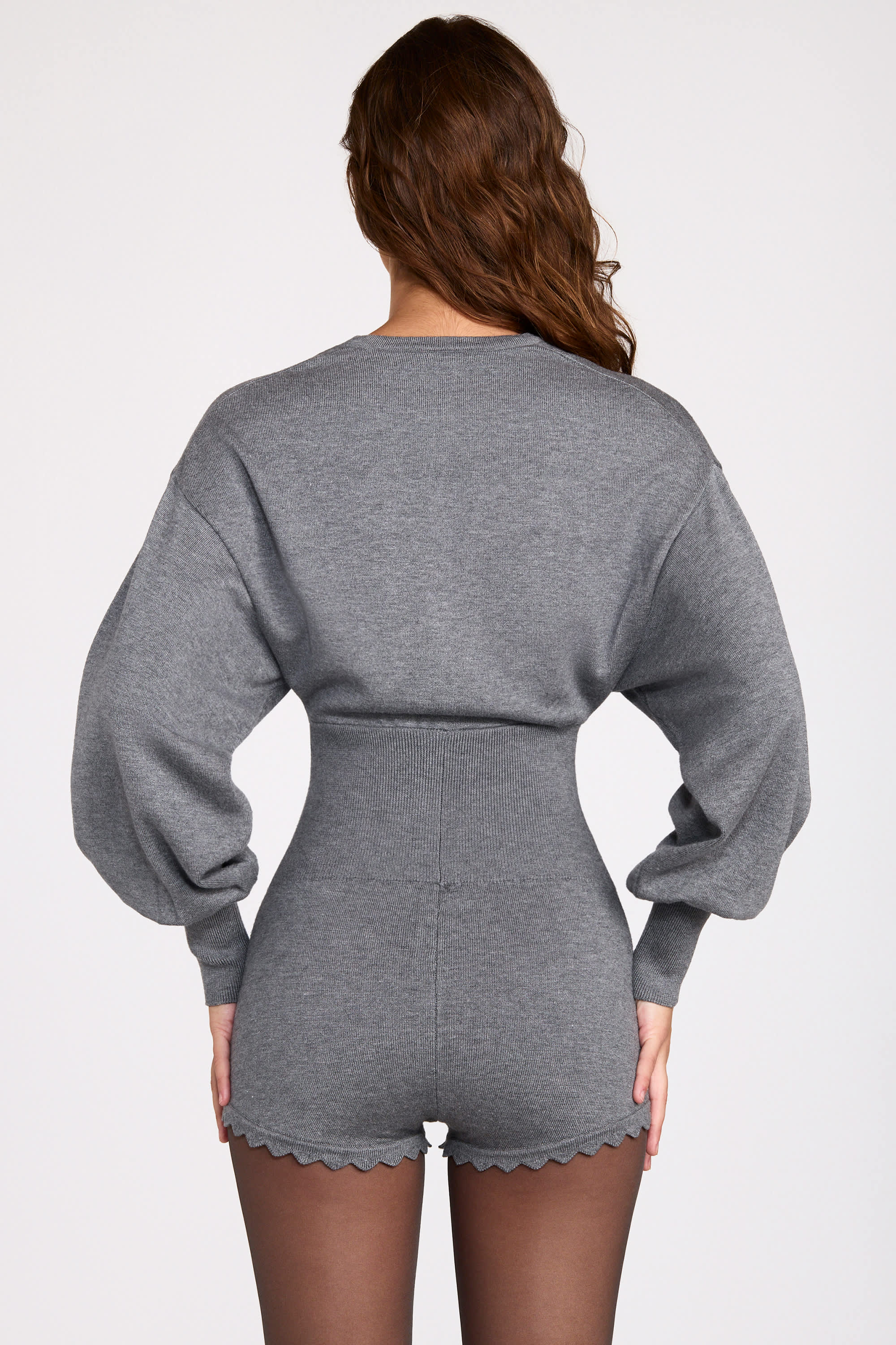 Fine Knit Long Sleeve Romper in Grey