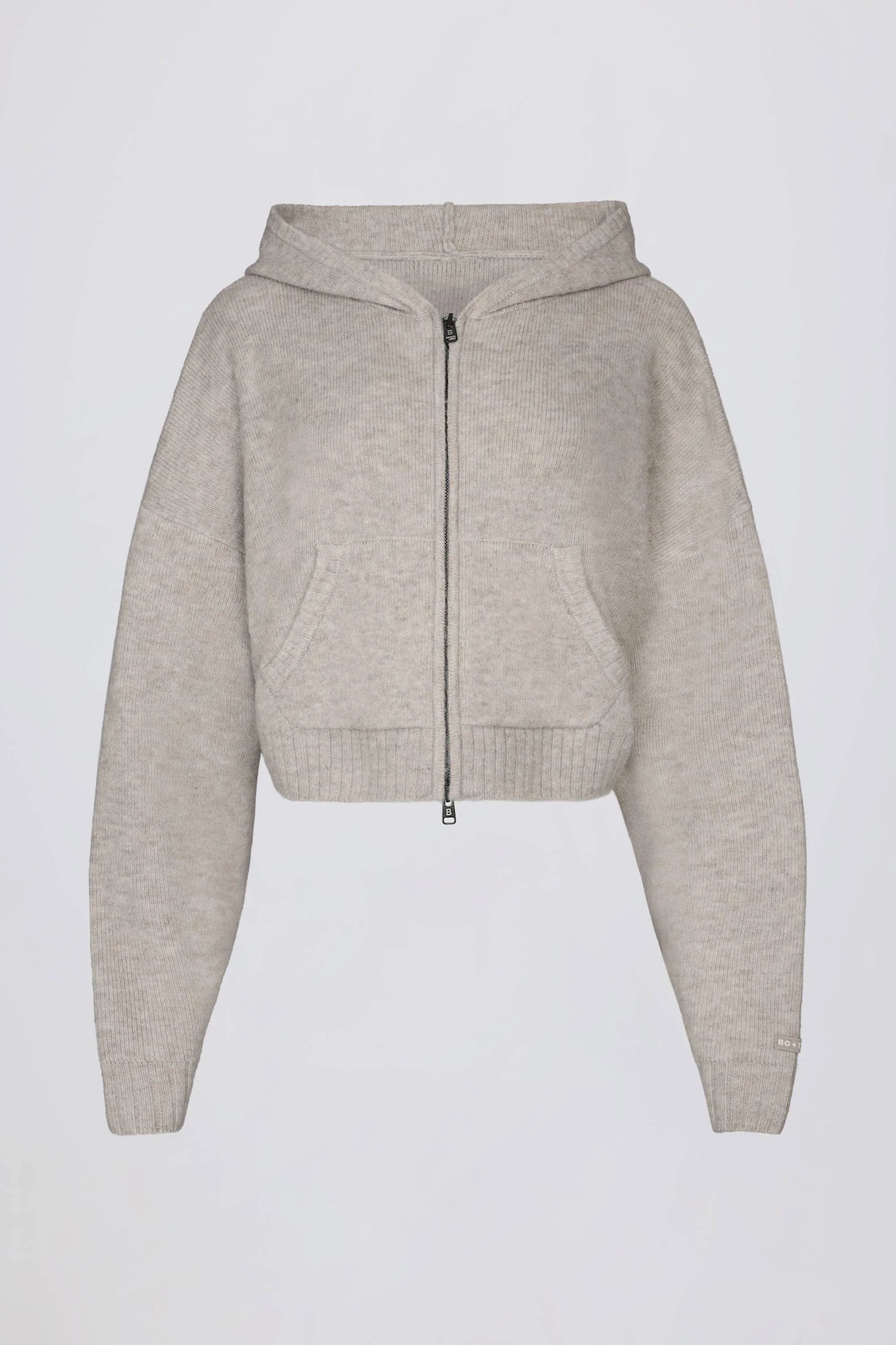 Soft Knit Zip Up Cropped Hoodie in Beige
