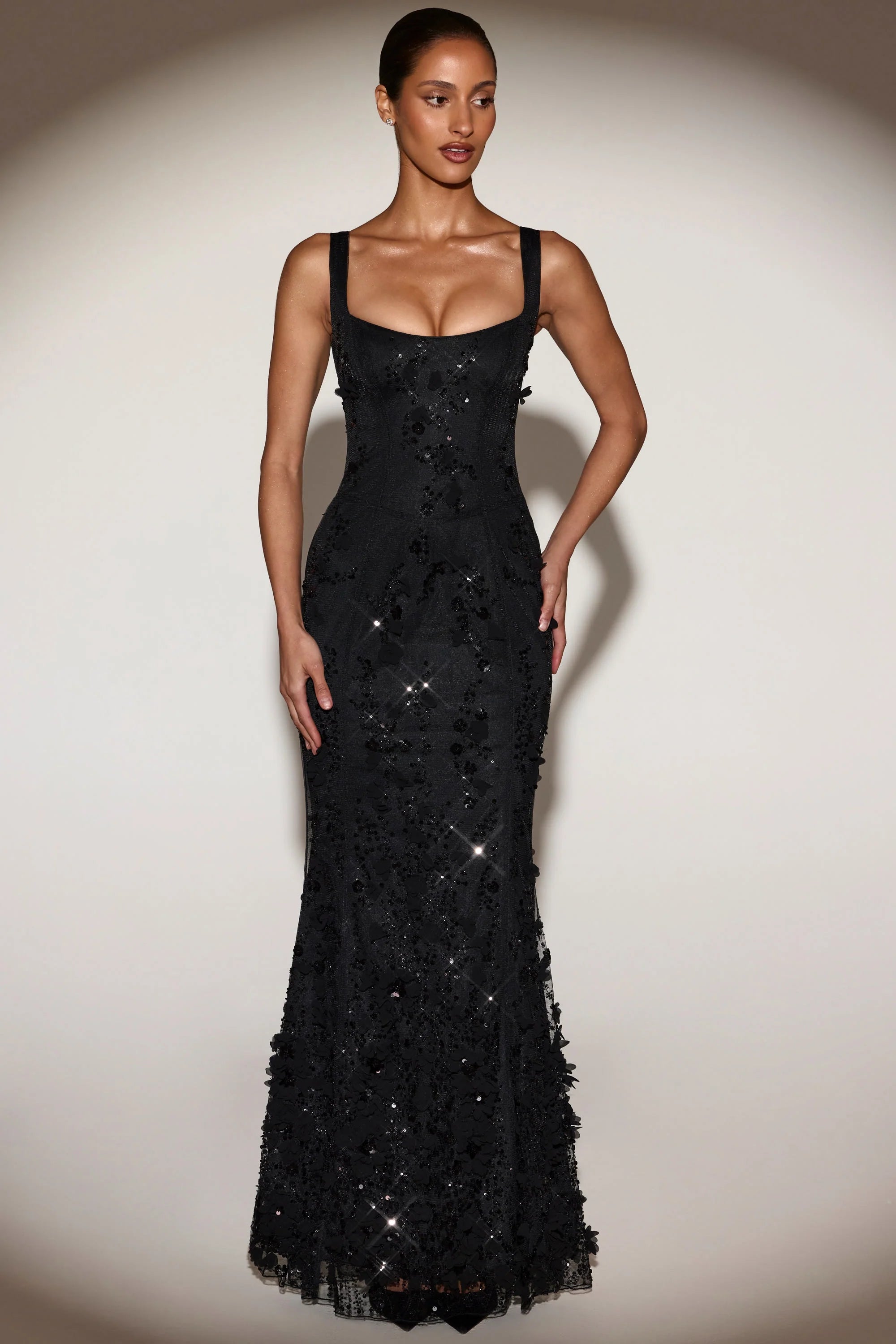 Embellished Appliqué Soft Scoop Corset Gown in Black