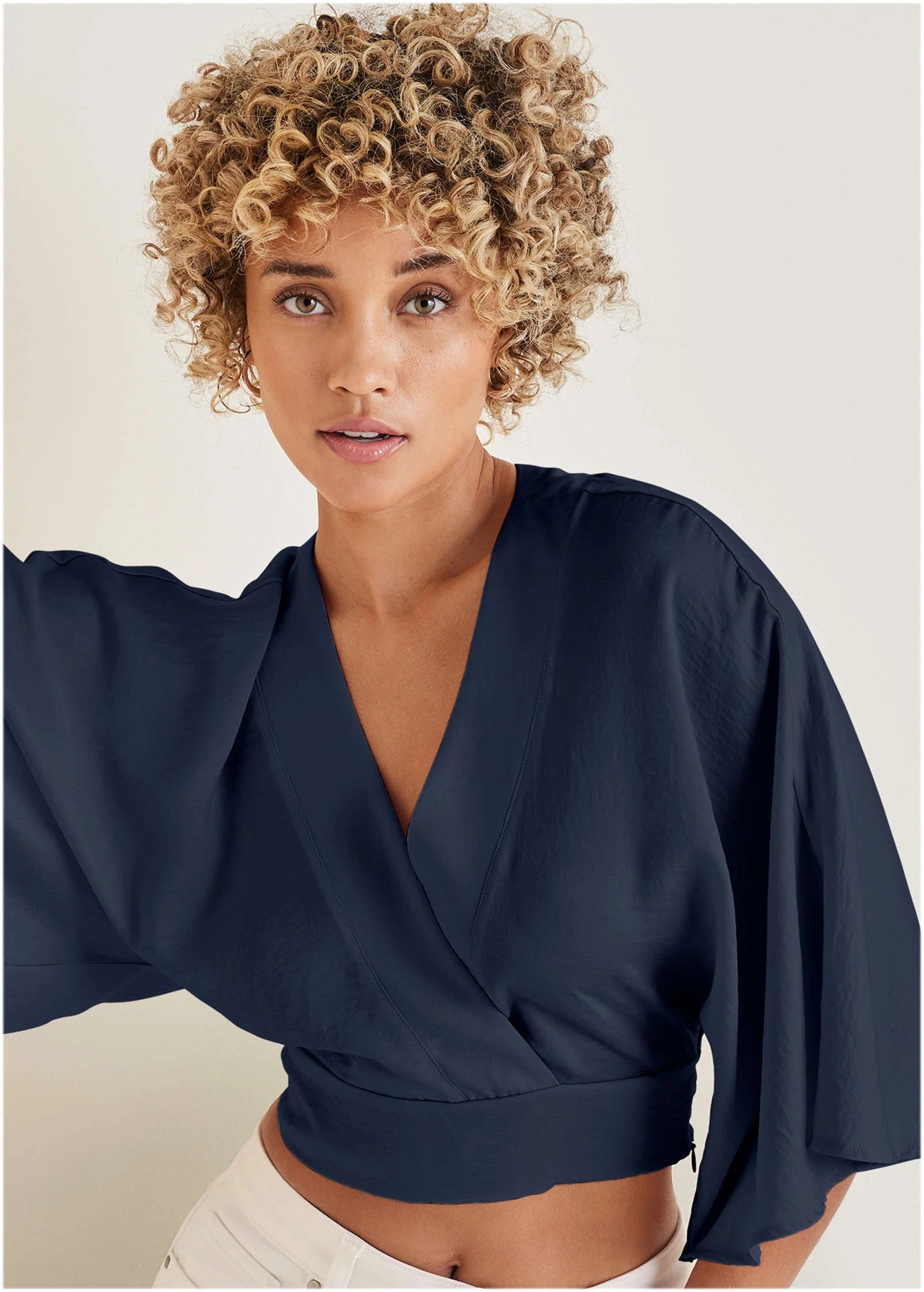 Kimono Sleeve Faux Wrap Top Navy