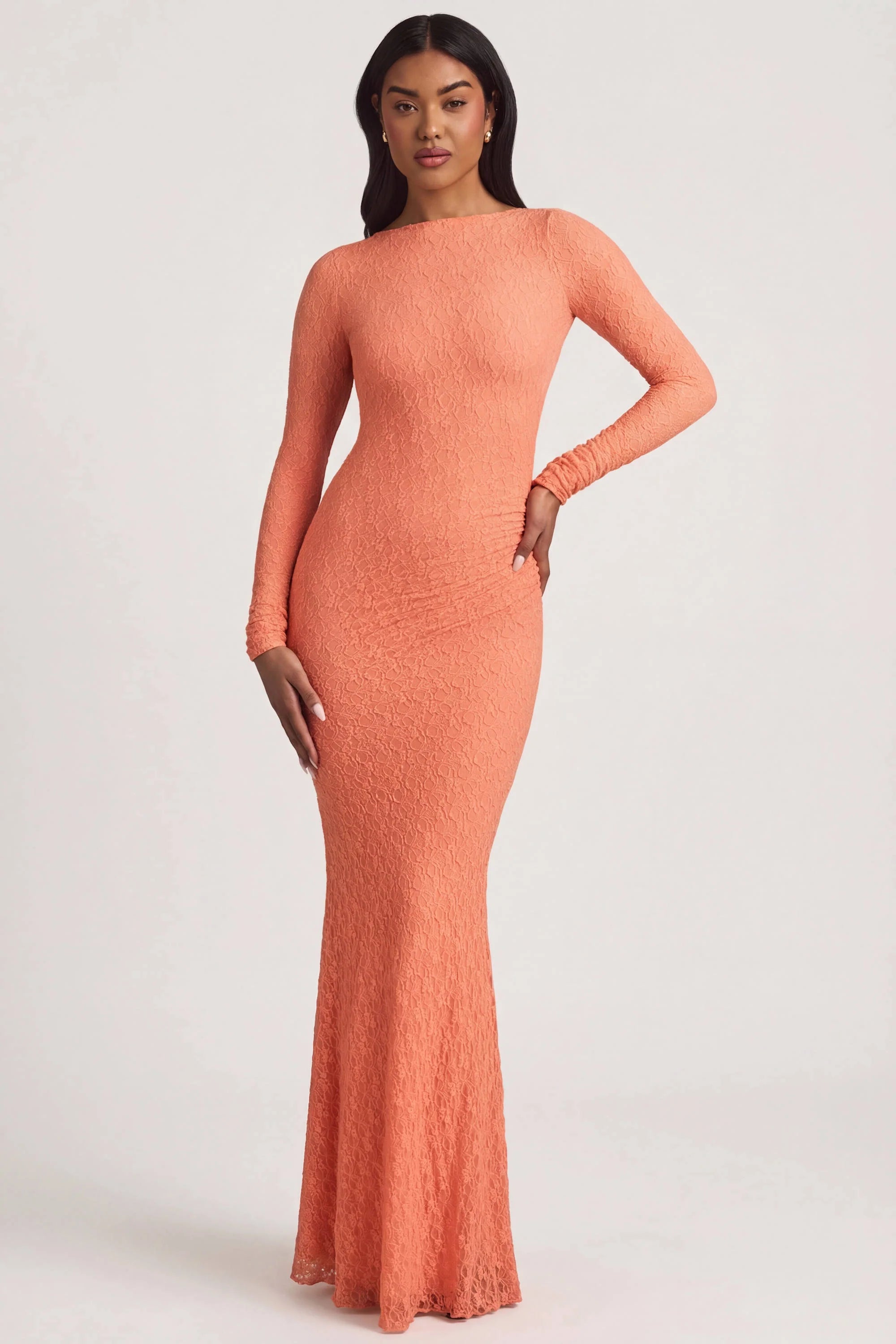 Ruched Backless Lace Maxi Dress in Peach