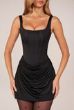 Lace Up Draped Mini Dress in Black