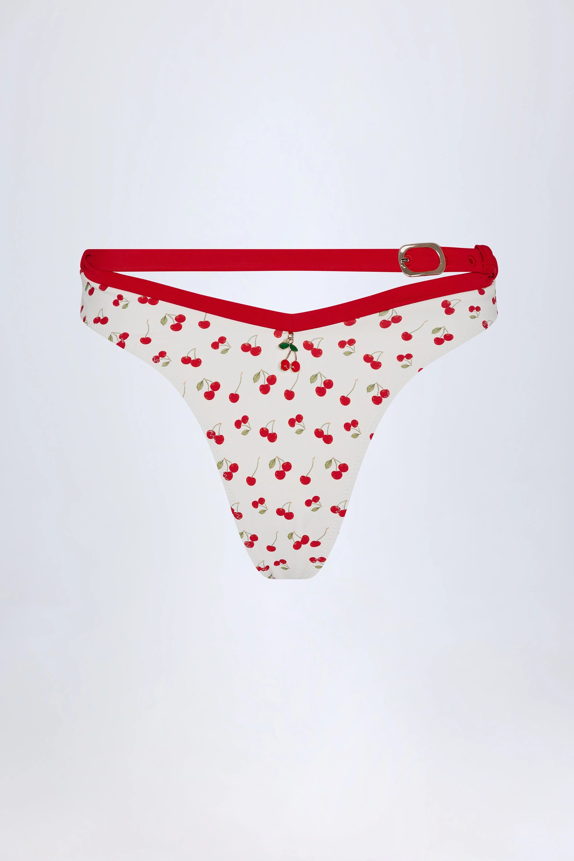 Contrast Belted Thong Bikini Bottoms in Cherry Print