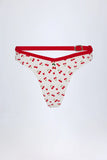 Contrast Belted Thong Bikini Bottoms in Cherry Print