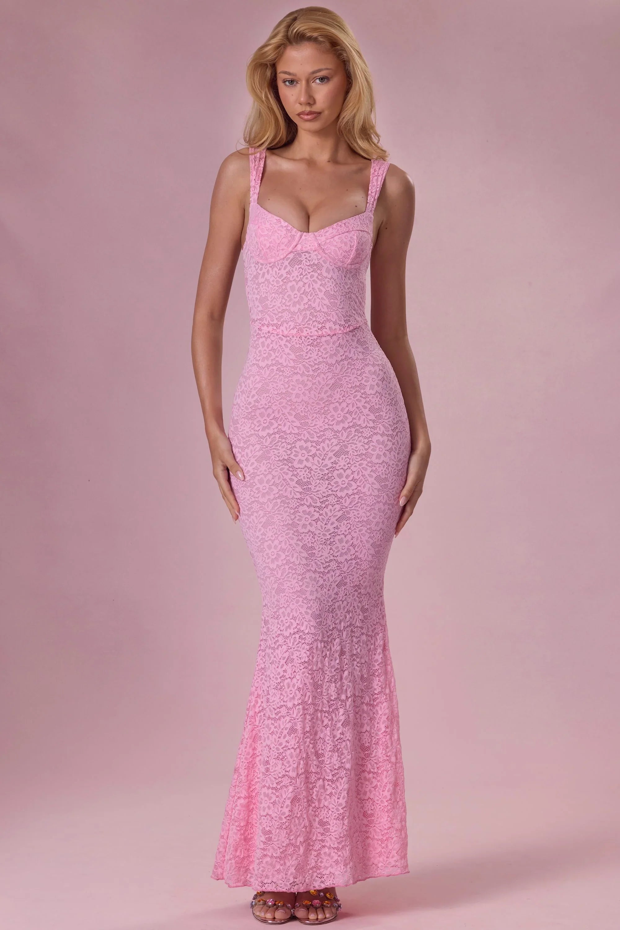 Lace Sweetheart Neck Gown in Blush Pink