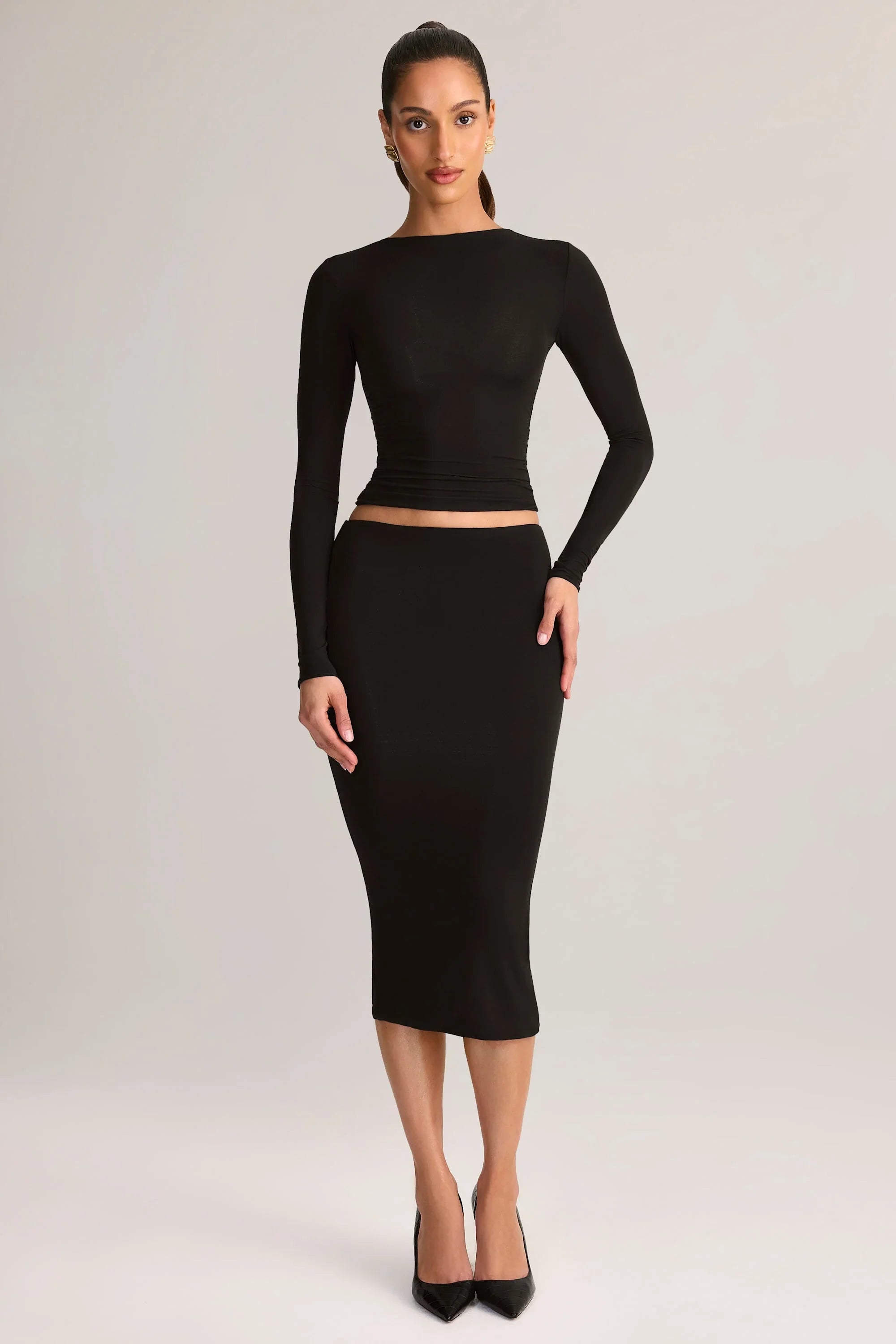 Modal Mid Rise Pencil Midi Skirt in Black