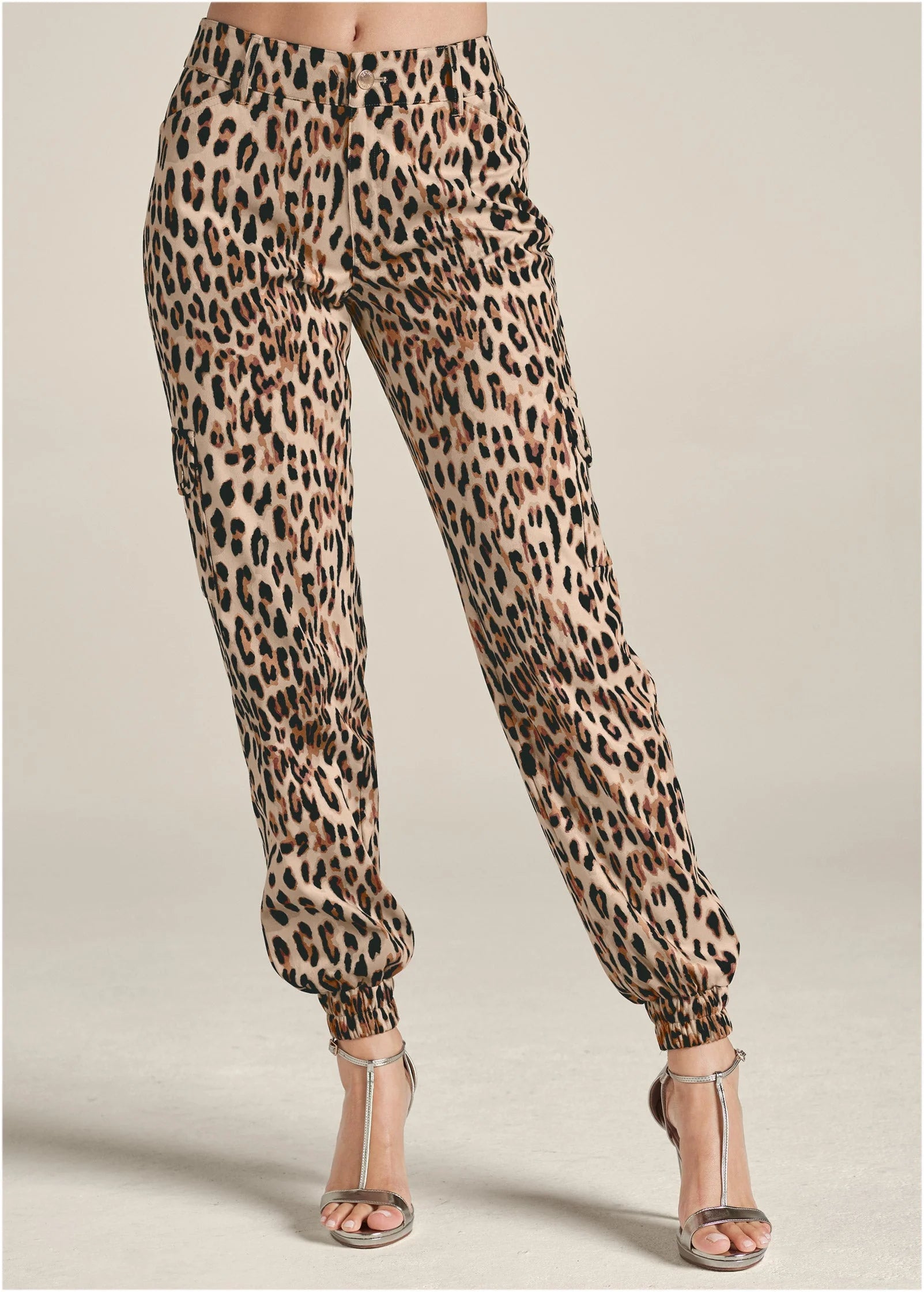 Faux Suede Leopard Print Cargo Pants Brown Multi