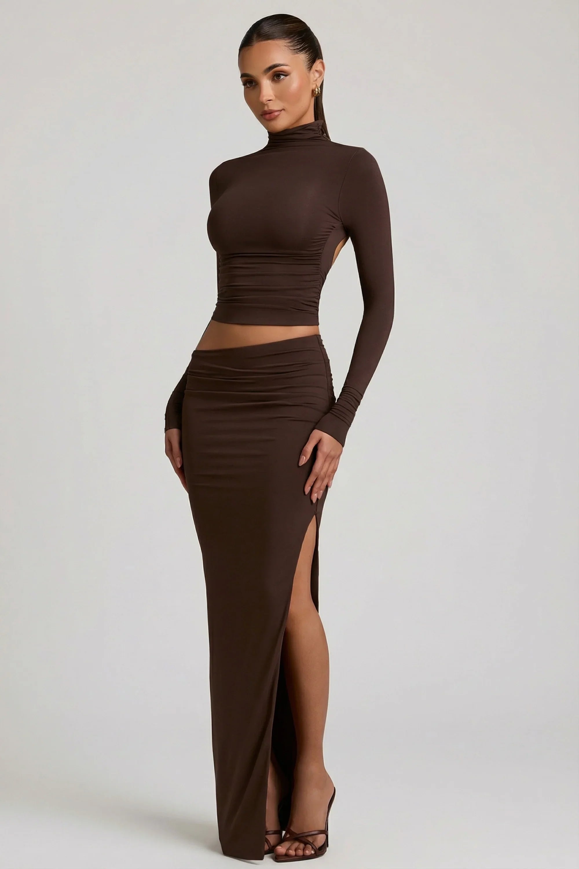 Modal Asymmetric Waist Maxi Skirt in Chocolate Brown