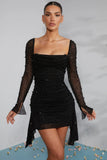 Long Sleeve Embellished Cowl Neck Mini Dress in Black