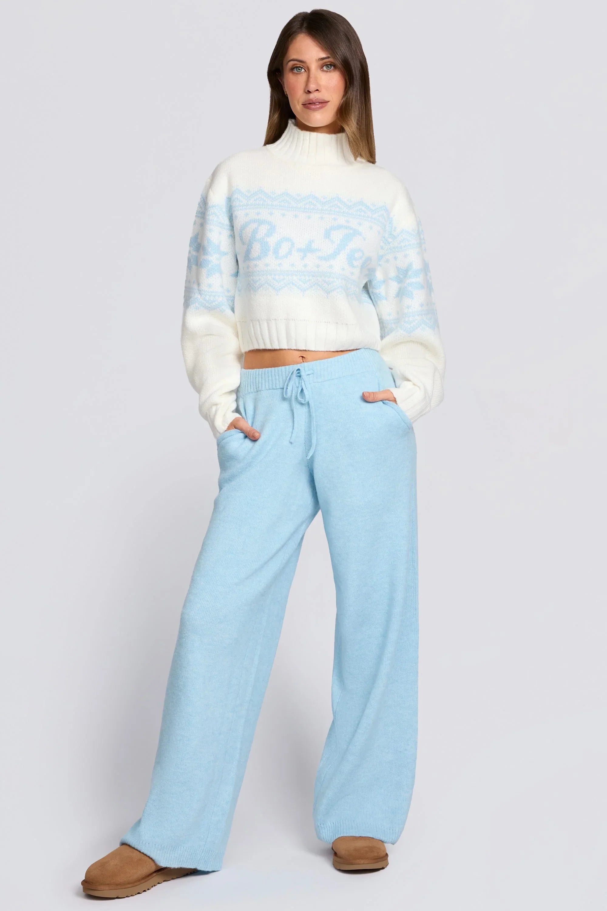 Knit Mid Rise Wide Leg Joggers in Powder Blue