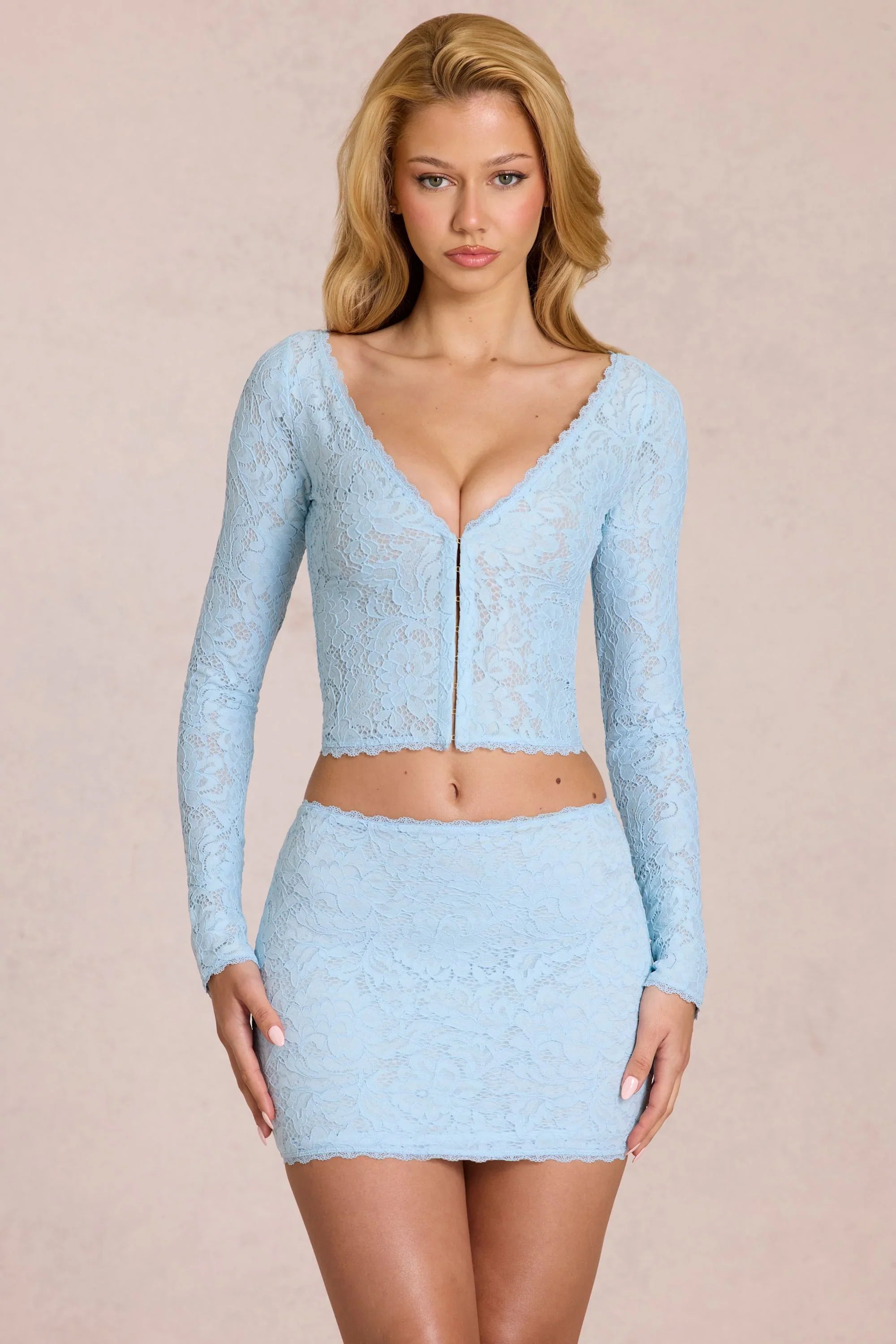 Lace Plunge Cardigan in Powder Blue