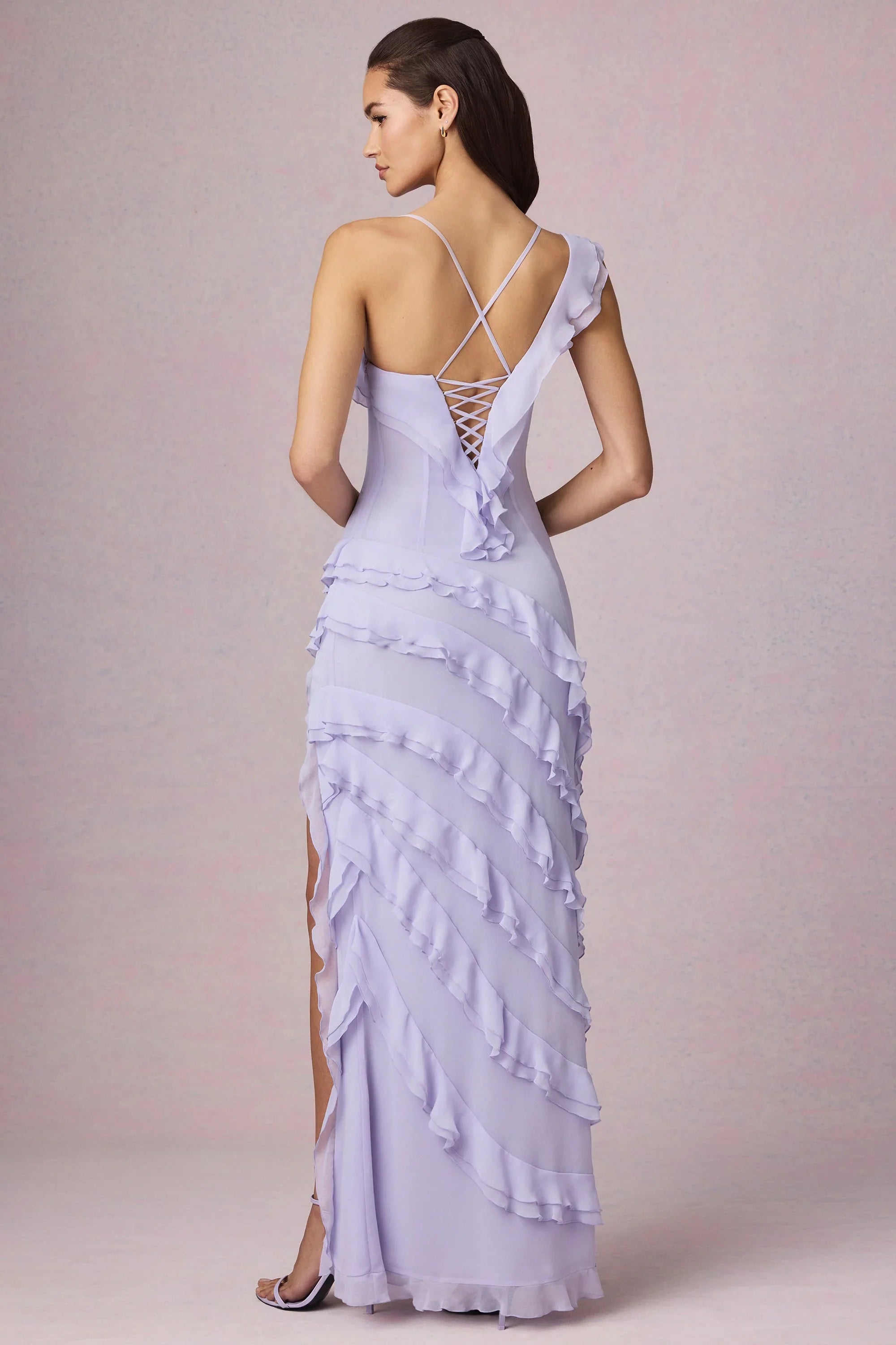 Asymmetric Ruffled Lace Up Gown in Lilac