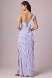 Asymmetric Ruffled Lace Up Gown in Lilac