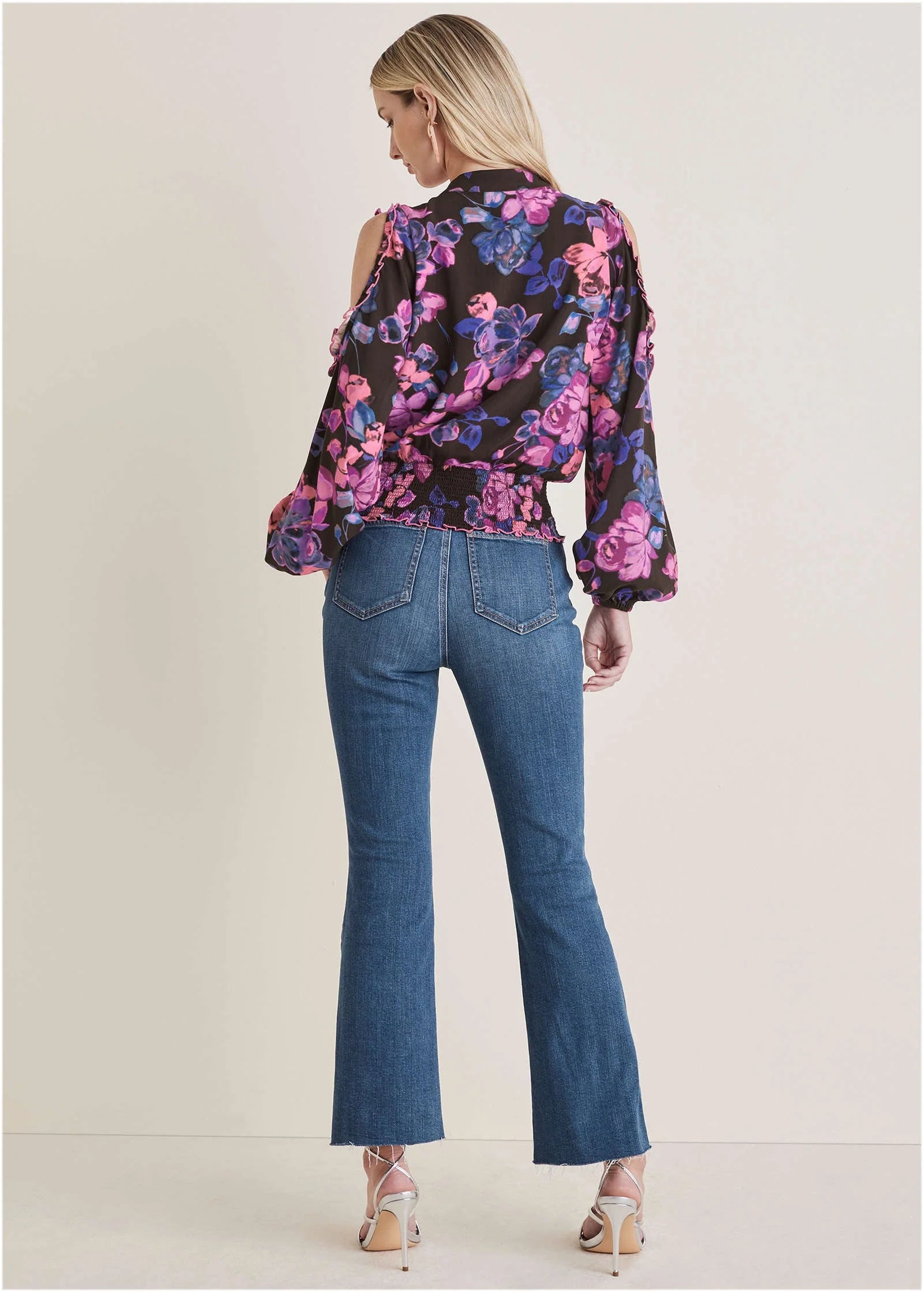 Ruffle Cold Shoulder Blouse Electric Bouquet