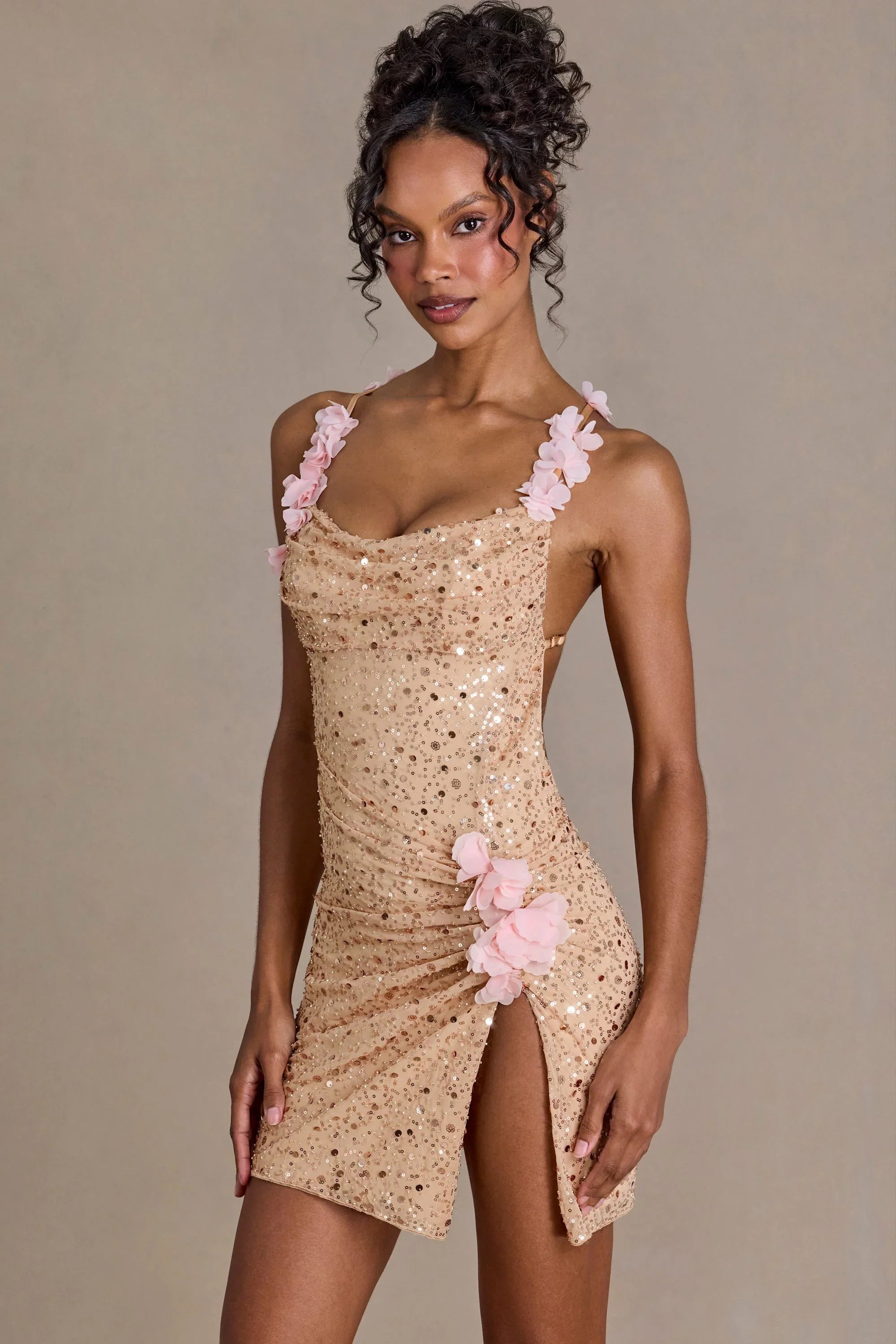 Embellished Open Back Mini Dress in Gold
