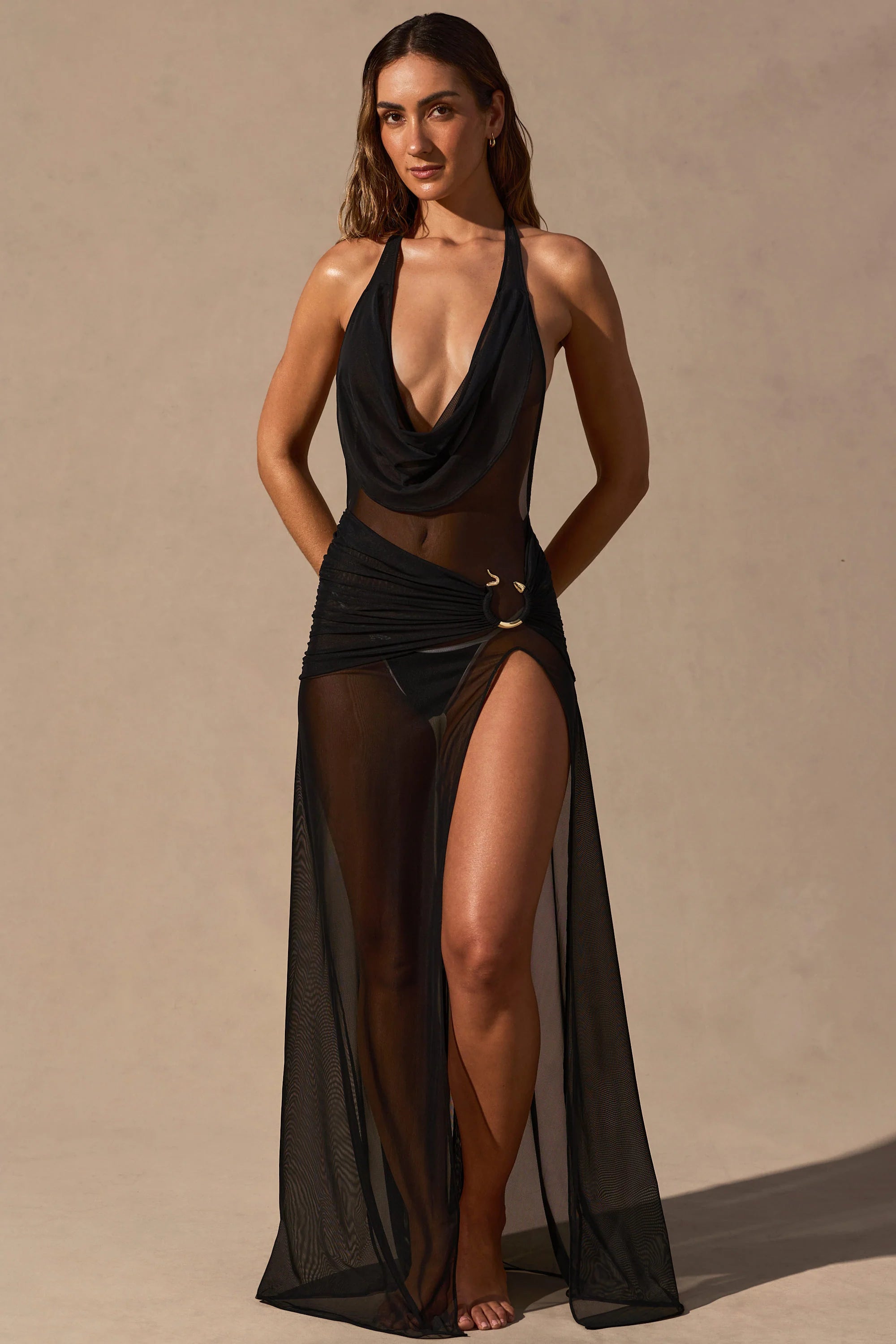 Cowl Neck Plunge Maxi Dress in Black