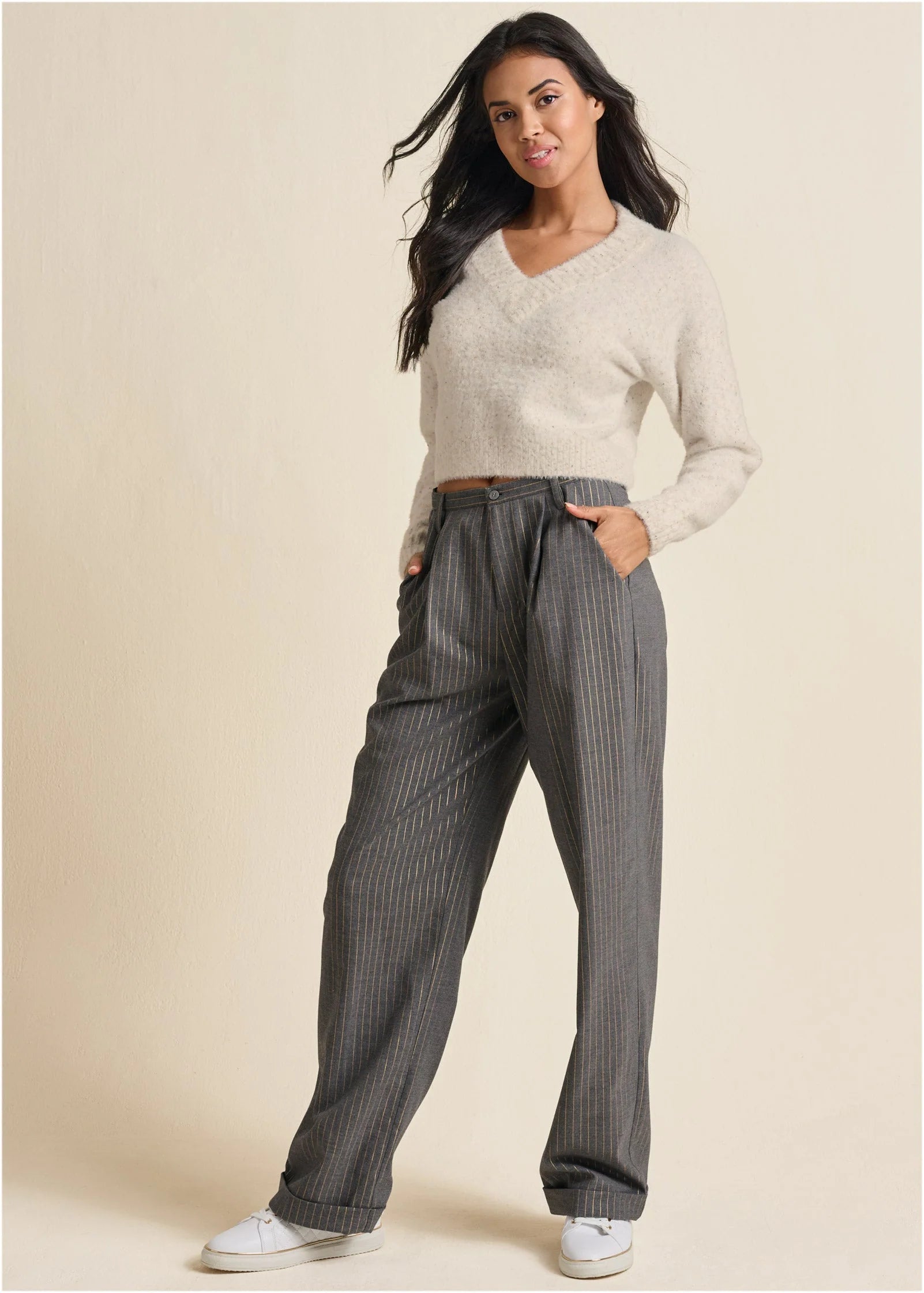 Stripe Wide Leg Trousers Grey Gold