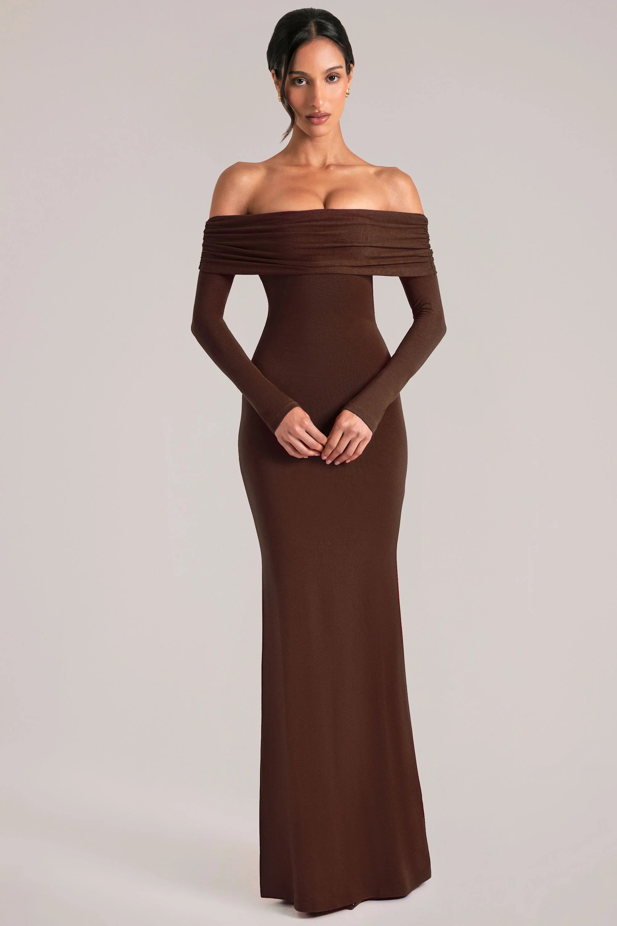 Off Shoulder Long Sleeve Maxi Dress in Chocolate Brown