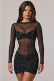 Sheer Embellished High Neck Long Sleeve Mini Dress in Black